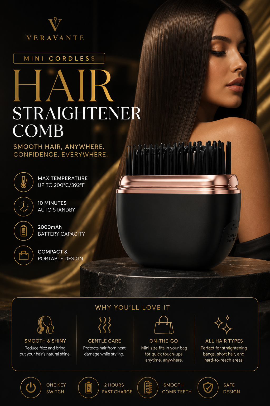 VeraVante™ Mini Cordless Hair Straightener Comb