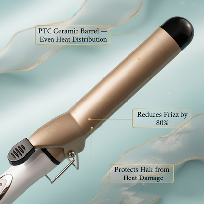 VeraVante 32mm Pro Curl Wand barrel close-up with stats