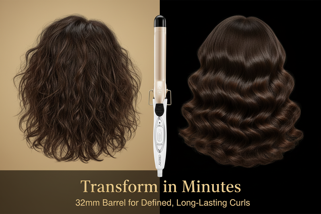 Before and after curls with VeraVante 32mm Pro Curl Wand